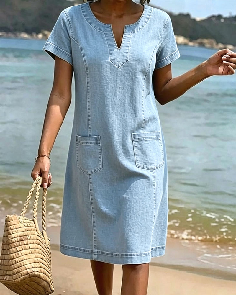 Robe Décontractée Fourreau Poche Petit Col En V