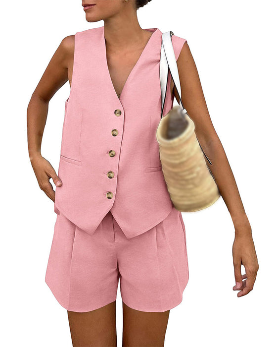 Ensemble Col En V Débardeur Simple Boutonnage Short