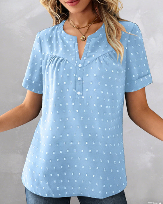 Chemisier Jacquard Col V Demi-Patte Manche Courte