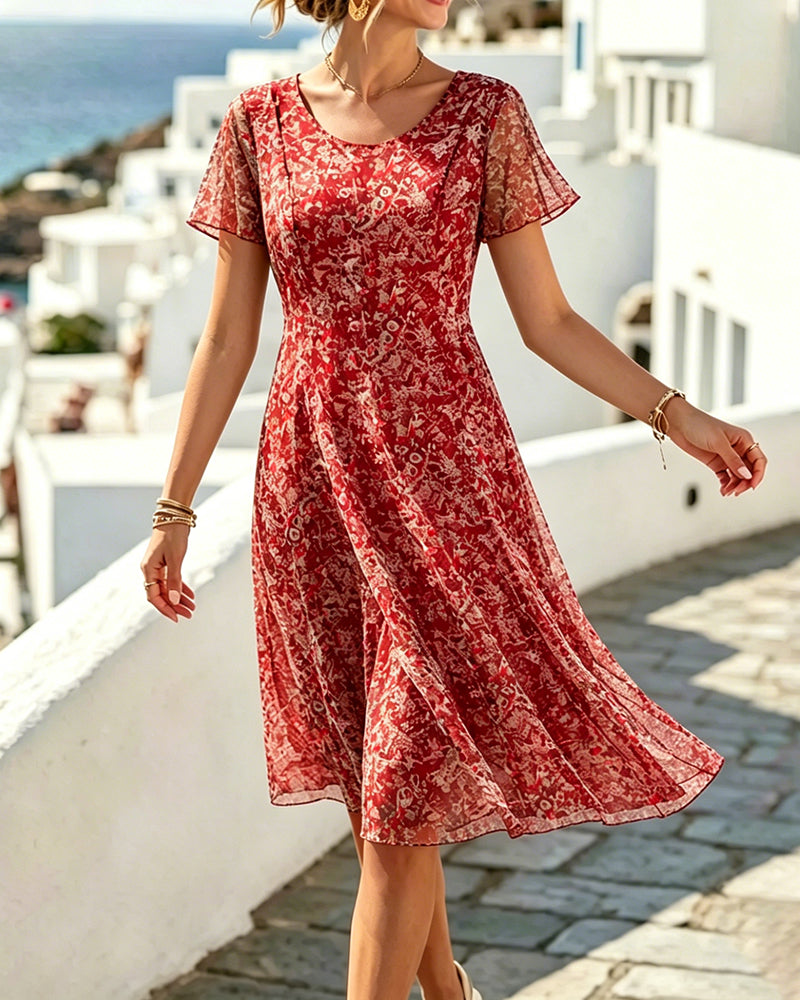 Robe Floral Manche Courte A-Ligne