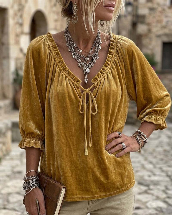 Blouse Cordon De Serrage Velours Manches Courtes