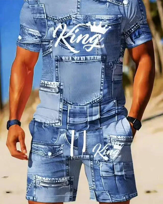 Ensemble Homme Avec T-Shirt Monogramme Col Rond Et Short À Cordon De Serrage