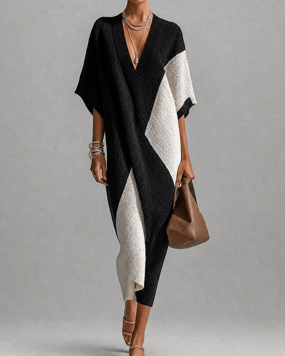 Robe Pullover Bloc De Couleur Col En V