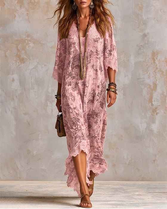 Robe Col En V Dentelle Patchwork Asymétrique