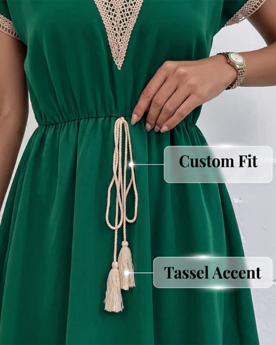 Robe Printemps-Automne Col En V Dentelle Garniture Taille Cintrée