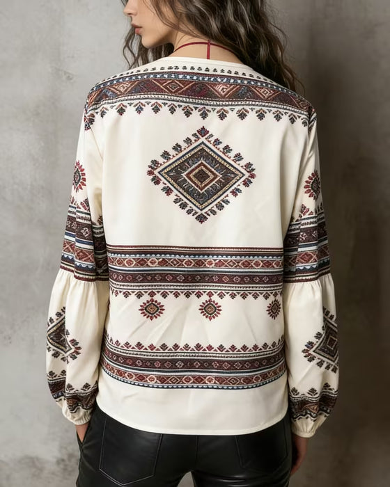 Blouse Ethnique Géométrique Imprimé Manche Lanterne