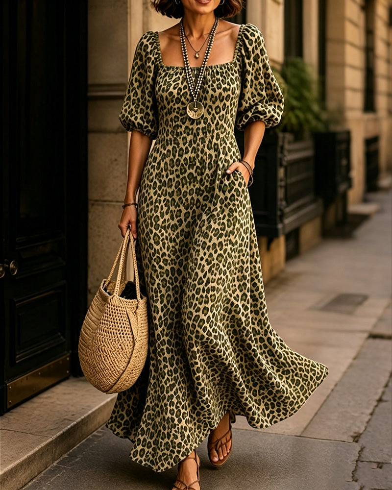 Robe Col Carré Léopard Mode