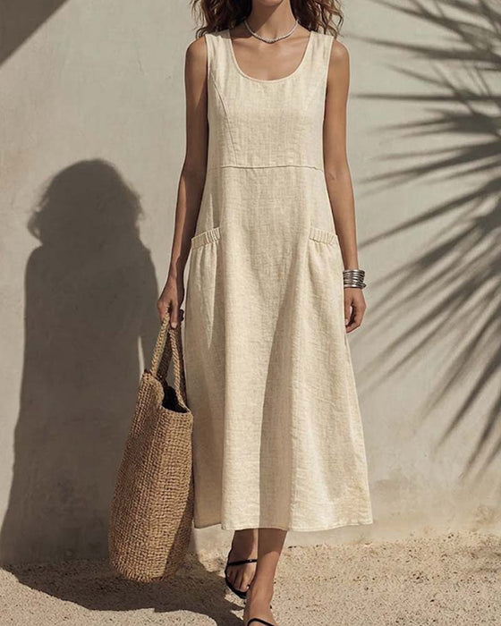 Robe Col U Poche Sans Manches Unie