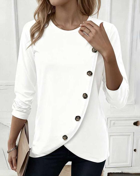 T-Shirt Irrégulier Faux Bouton Manches Longues