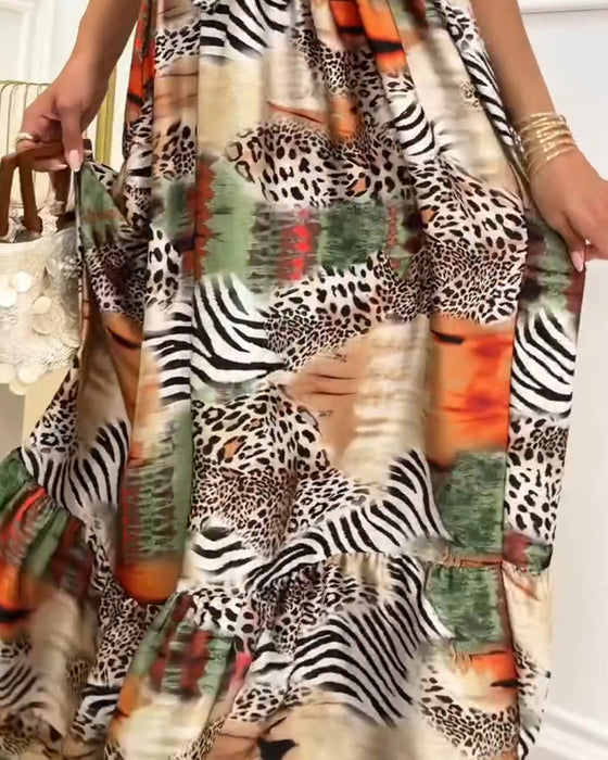 Robe Léopard Contraste Bretelle Spaghetti Patchwork