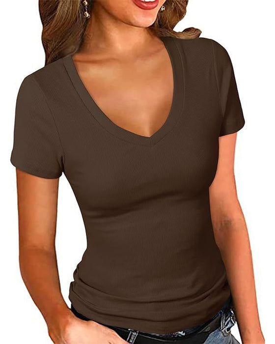 T-Shirt Côtes Slim Fit Col En V Manches Courtes