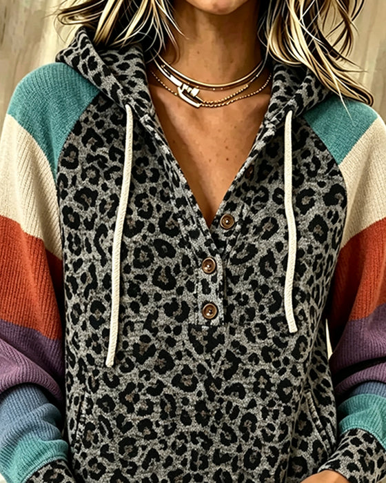 Hoodie Léopard Bloc De Couleur Bouton