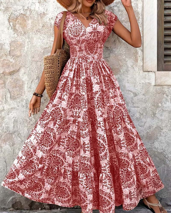 Robe Rétro Imprimé Col En V Taille Cintrée Longue