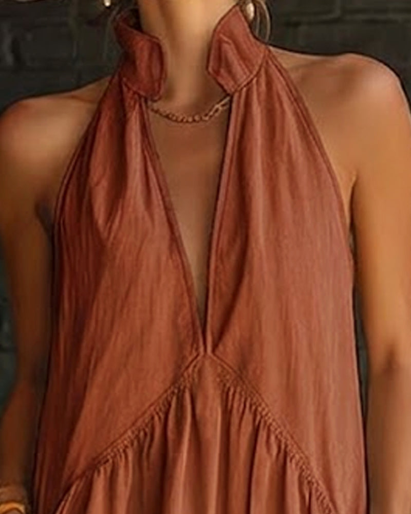 Robe 100% Coton Sans Manches Col Montant Unie Maxi