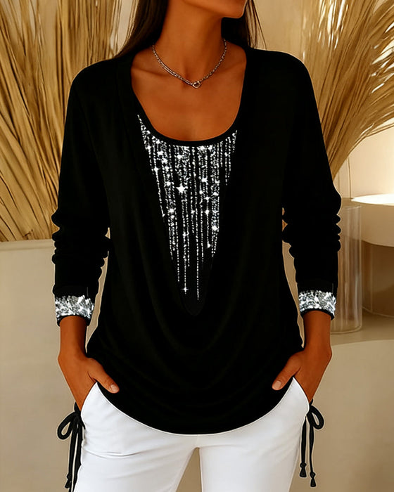 Haut Col Cassé Paillettes Fines Faux Deux-Pièces