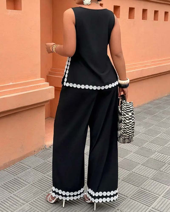 Set Haut Col Rond Sans Manches Pantalon Large Longue