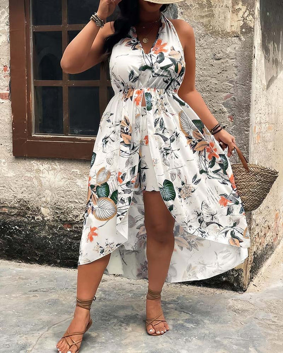 Set Col V Halter Robe Sans Manches + Short