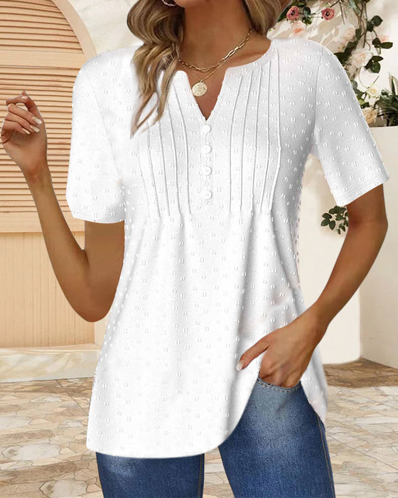 Haut simple à manches courtes et col en V en jacquard de couleur unie