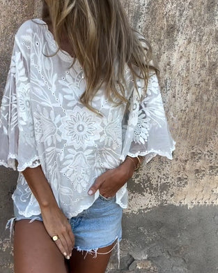 Blouse Manches Papillon Col Rond Brodé