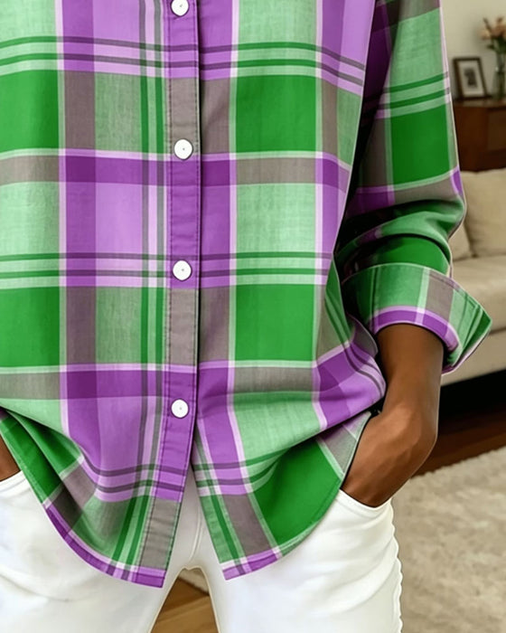 Chemise Carreau Revers Manche Longue Décontractée