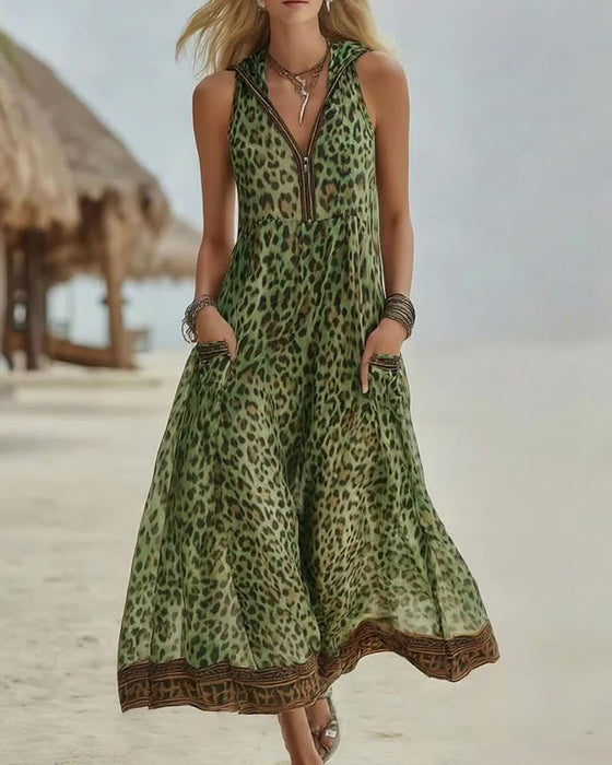 Robe Imprimé Léopard Demi Fermeture Éclair Sans Manches Longue