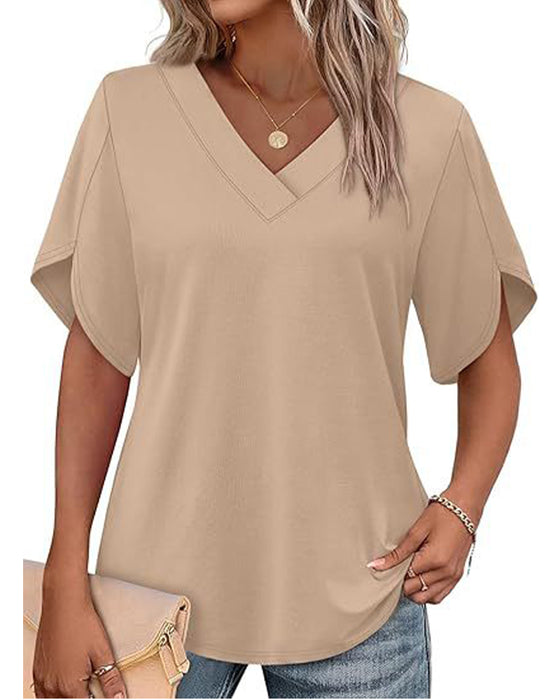 T-Shirt Col En V Petite Fente Manches Courtes Unie