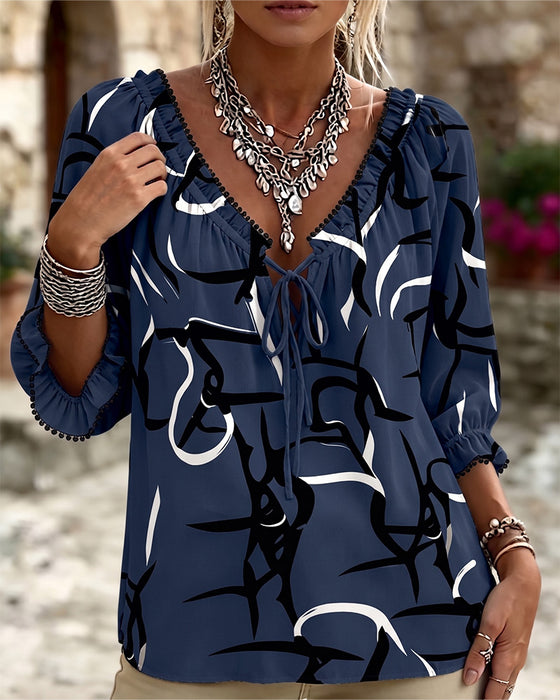 Blouse Imprimé Abstrait Col En V Lacets