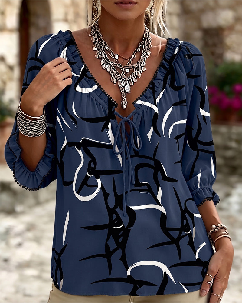 Blouse Imprimé Abstrait Col En V Lacets