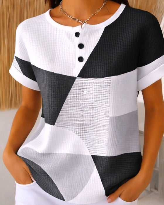 Blouse Col Rond Bouton Bloc De Couleur Gaufré