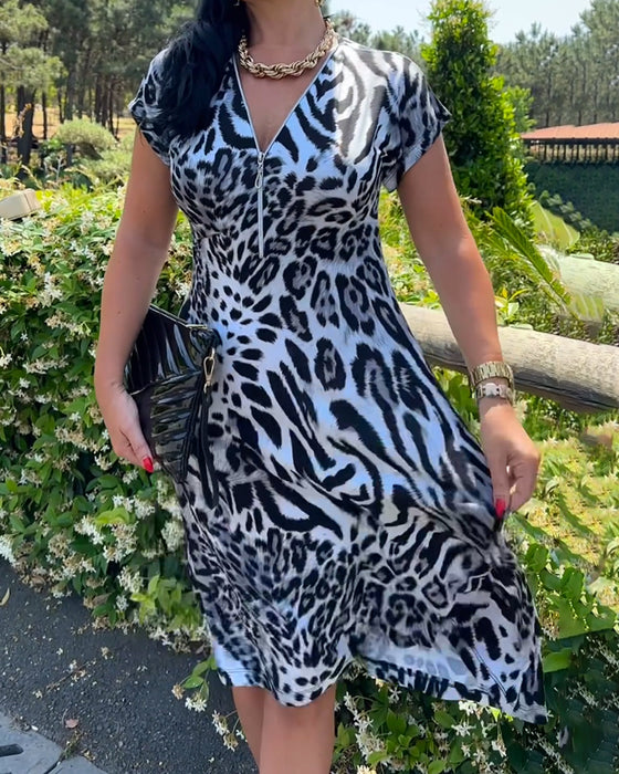 Robe Col V Fermeture Éclair Imprimé Léopard