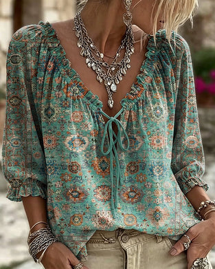 Blouse Col V Attache Vintage Imprimé