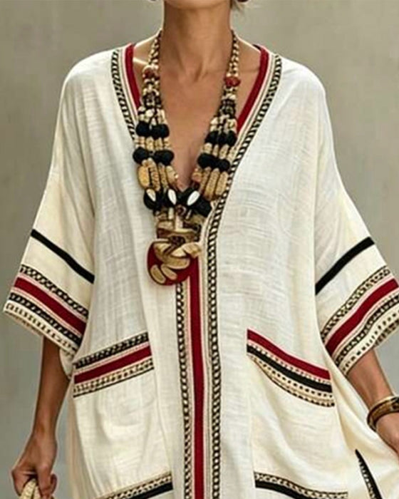 Robe Maxi Décontractée Col V Rayée