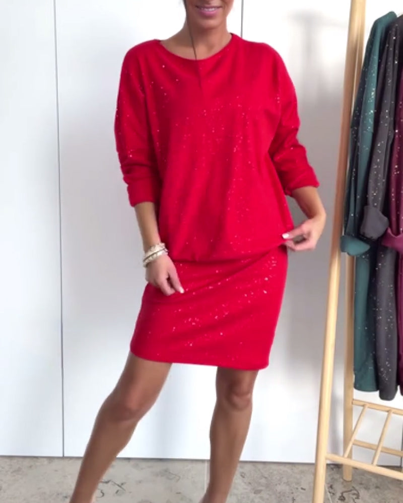 Robe Col Rond Paillettes Fines À La Mode