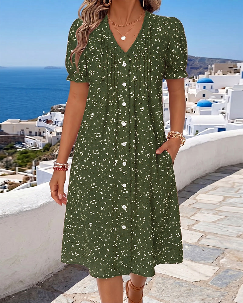 Robe Fleurie Col V Boutonnée Devant