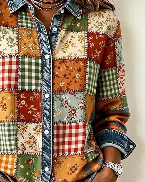 Haut Col Carreau Denim Patchwork