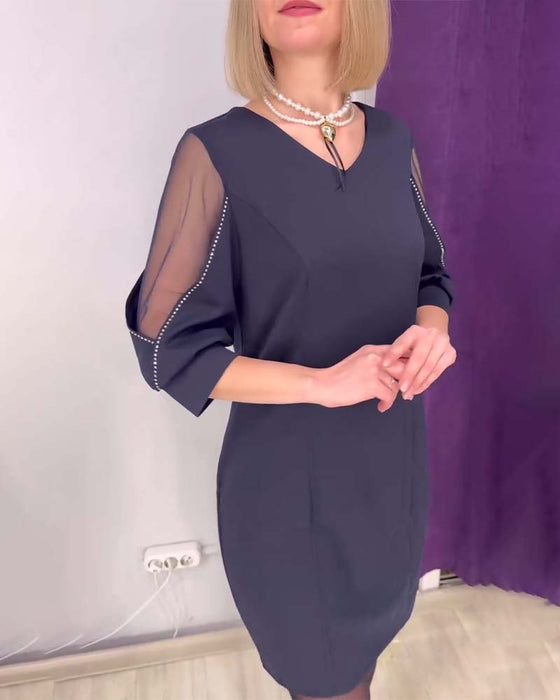 Robe Manches Mi-longues Col V Strass Couture