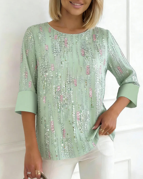 Blouse Décontractée Col Rond Imprimé Demi-Manche