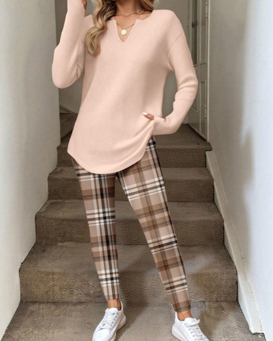 Ensemble Col V Haut Unie + Pantalon Carreau Loungewear