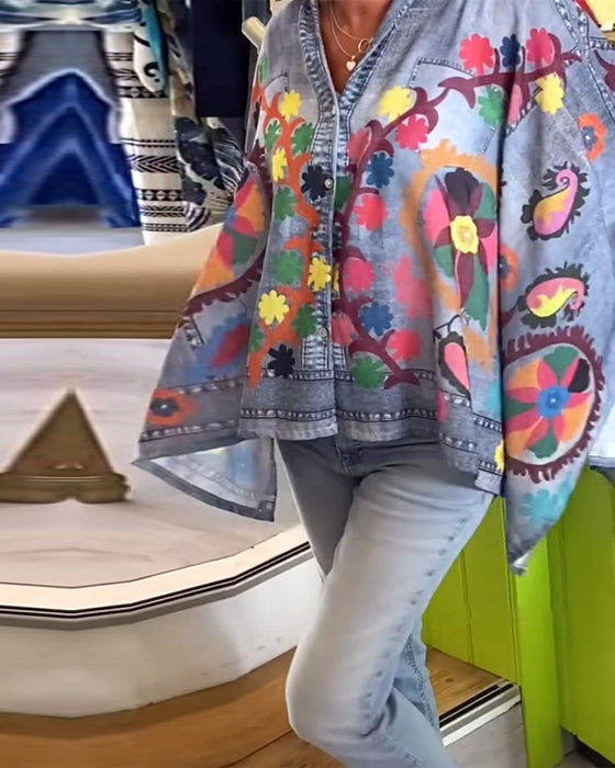 Blouse Imprimé Irrégulier Faux Denim