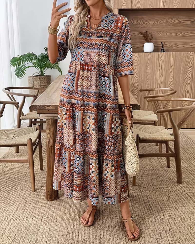 Robe Ethnique Imprimé Géométrique Longue