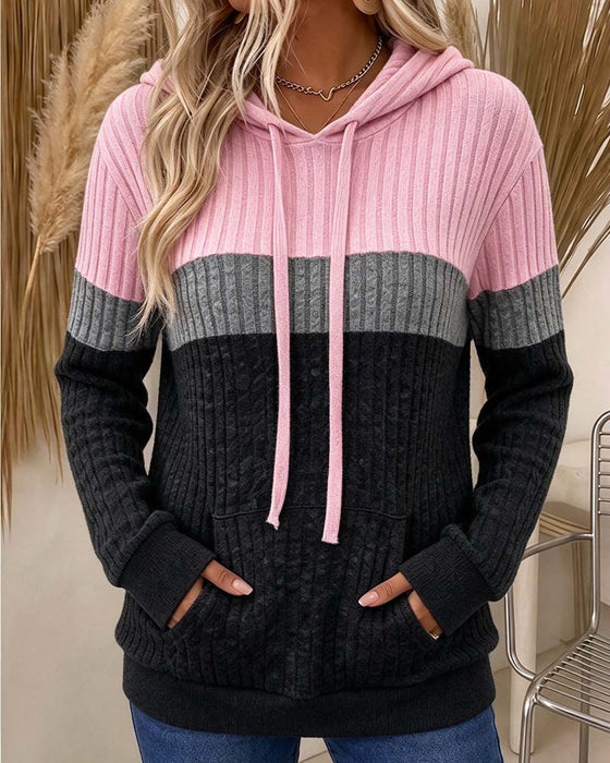 Hoodie Capuche Côtelé Contraste Poche