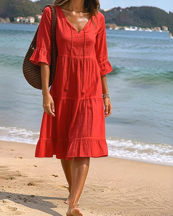 Robe Évasée Demi-Manche Nœud À La Taille