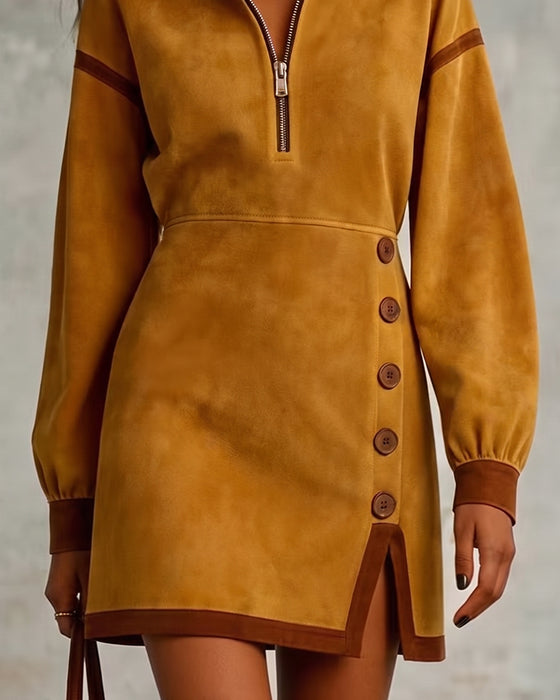 Robe Demi Fermeture Éclair Col Montant Cintrage Taille Court