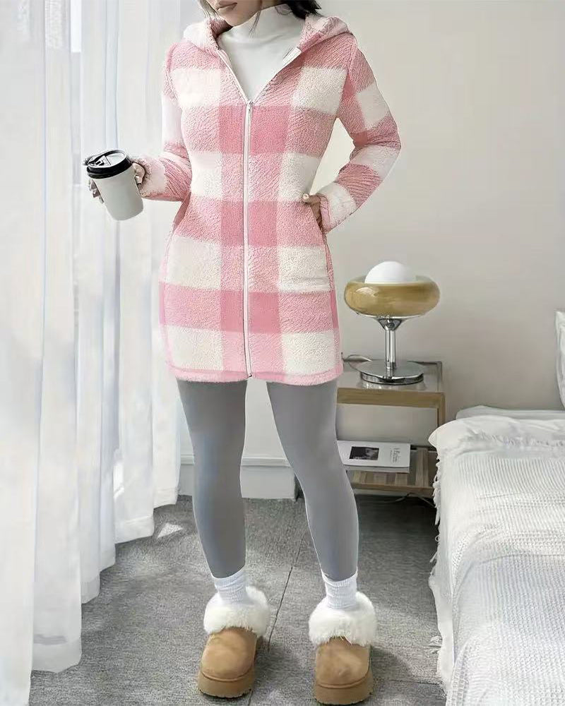 Manteau À Capuche En Polaire À Carreaux Pour Femme, Manches Longues