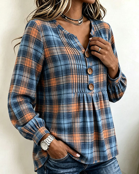Blouse Trois-Bouton À Carreaux Manches Longues
