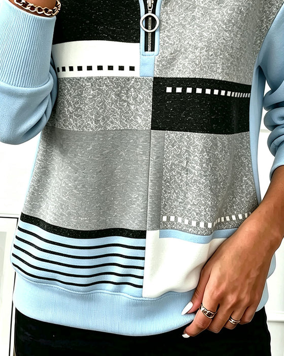 Hoodie Demi Fermeture Éclair Contraste Imprimé Géométrique