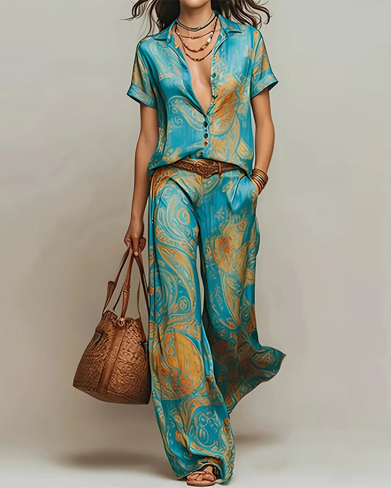 Ensemble Deux-Pièces Vacances Blouse Manches Courtes Poche
