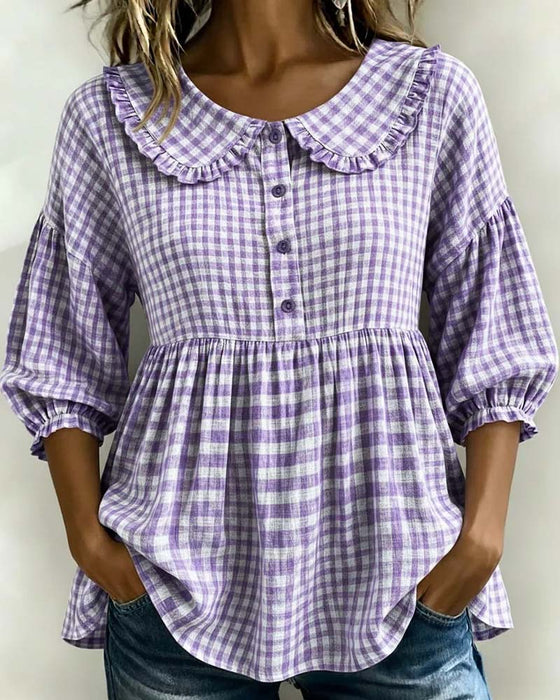 Blouse Col Peter Pan Carreau Cintré