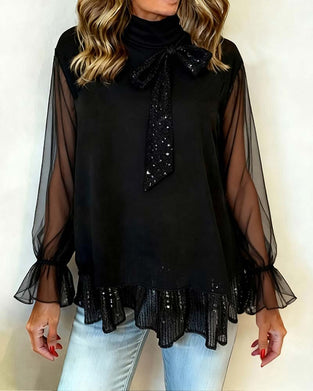 Blouse Élégante À Manches À Volants Et Nœud Papillon