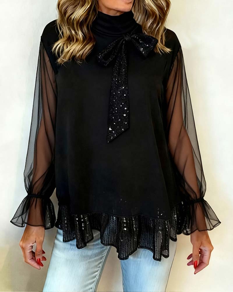 Blouse Élégante À Manches À Volants Et Nœud Papillon